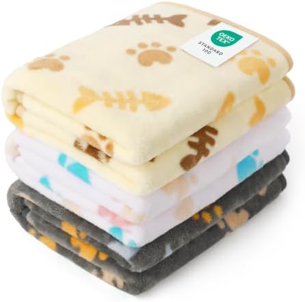 Luciphia 1 Pack 3 Blankets, Cute Cat Printed Fluffy Fleece Pet Blanket for Dogs Cats Washable, Warm Soft Throw Cover for Crate Couch, Gifts Puppy Essentials,White/Grey/Khaki, Small (23x16 inch)