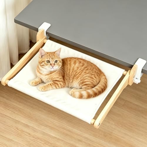 Cat Desk Bed Foldable Wood Cat Bed for Desk with 2 Hammocks and 2 Clamps