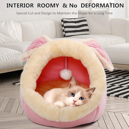 Cat Beds for Indoor Cats-Rabbit-Shaped Cat Cave Bed with Hanging Toy,Pink L