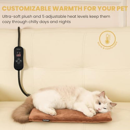 Pet Heating Pad for Cats and Dogs, Heated Cat Bed & Dog Heating Pad with 5 Temperature Levels, Waterproof Heated Pet Mat with Timer, Auto Power-Off and Chew Resistant Cord, 16'' x 13''