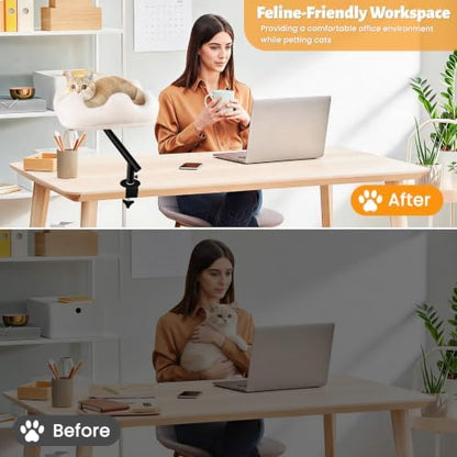 Cat Desk Bed, 360° Rotatable Adjustment Desk Cat Bed, Supports 40 lb, Detachable & Washable Cat Bed for Desk with Soft Faux Fur, for Remote Workers, Office Staff and Gamers