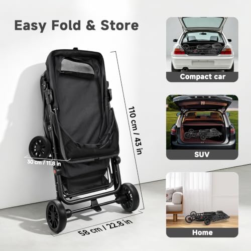 Dog Stroller for Large & Medium Dogs (Up to 66 lbs), Pet Stroller for 2 Small Dogs with Adjustable Handle & Canopy, Sun Shades, Storage Organizer, Oxford Fiber, Foldable & Ventilated