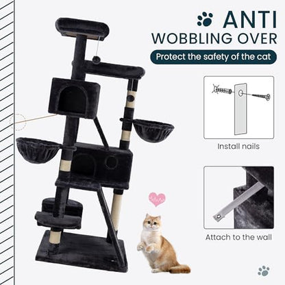 SHA CERLIN 65in Larger Cat Tree Tower Condo for Indoor Kitties/Multi-Level Furniture Activity Center with Wide Base/Cozy Plush Cat Perches/Baskets/Sisal Scratching Posts and Hammock/Dark Grey