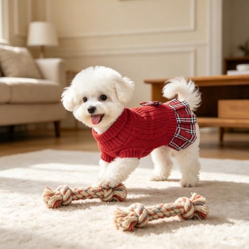 YUDODO Small Dog Sweater Dress with Bowtie Turtleneck - Knitted Pet Clothes