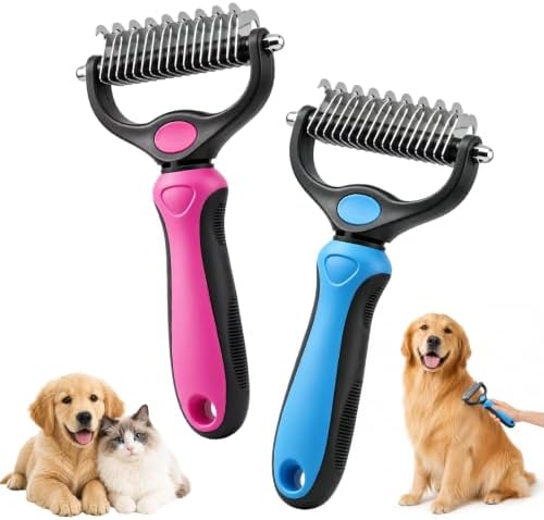 Dematting Comb for Dogs and Cats, Pet Grooming Rake, Double Sided Deshedding Brush for Dogs & Cats, Deshedding Dog Brush Removes Tangles Knots and Loose Fur for Long Haired Pets (Blue+pink)