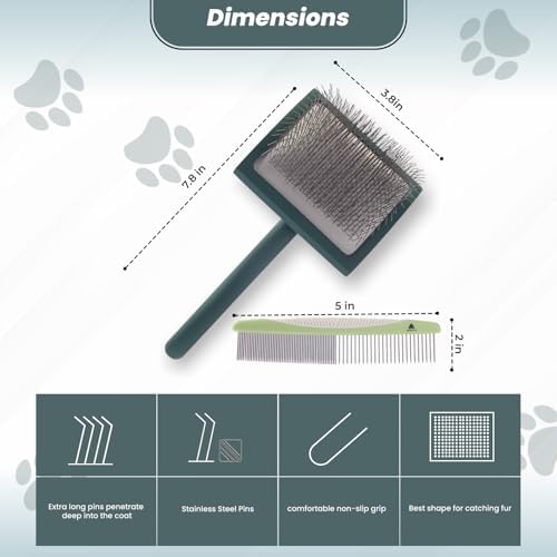 Self- Cleaning Slicker Brush for Dogs Suitable for Short & Long Haired Dogs and Effective Deshedding for Pet Grooming, Undercoat Removal, Tangle-Free Fur (Green Brush + Comb)