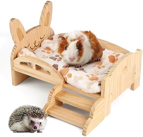 Wooden Guinea Pig Bed with Mat 13.5IN X 9.3IN Detachable Hideout with Stairs Small Animal Cute Warm Habitats for Hamsters Ferret Bunny Sleeping Hiding