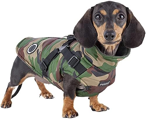 Puppia Mountaineer Winter Dog Coat with integrated harness No Pull Cold Weather Waterproof Warm Fleece Back Zipper for Small & Medium Dog, CAMO, Small