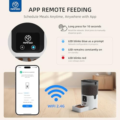PAPIFEED Automatic Cat Feeder with App, WiFi Auto Cat Feeder, 6L Slow-Feed Cat Food Dispenser for Dry Food, Dual Power Supply Timed Pet Feeder for Small Dog, 10 Meals/Day, 12 Portions/Meal, White