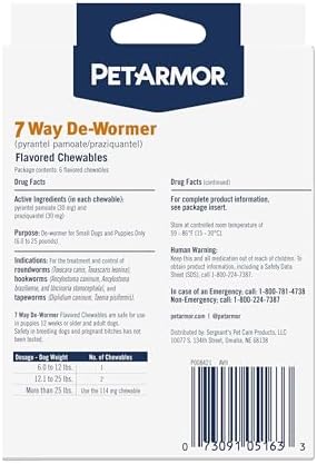 PetArmor 7 Way De-Wormer for Dogs, Oral Treatment of Tapeworm, Roundworm & Hookworm, Dewormer for Puppies & Small Dogs (6-25 lbs), Worm Remover (Praziquantel & Pyrantel Pamoate), 2 Flavored Chewables