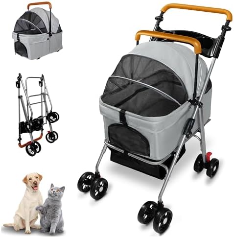 Pet Stroller with Storage Basket and Cup Holder, Folding Dog Jogger, Foldable Cat Stroller, 3 in 1 Puppy Kitten Cart, Pet Jogger for Medium Dog Cat (Gray)