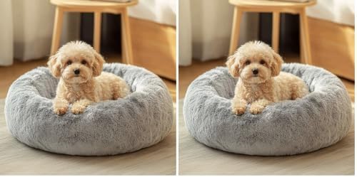 JOLLYVOGUE Small Dog Bed, Calming Dog Beds for Small Dogs & Indoor Cats - 20 Inches Donut Washable Cat Bed for Kittens & Puppies, Round Fluffy Plush Faux Fur Pet Beds(Smoke Grey) (Pack of 2)