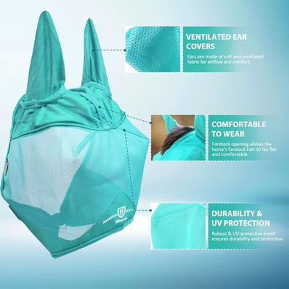 Harrison Howard UV-Proof Multi-Function Fabrics Thick Fleece Padding Horse Fly Mask Half Face with Ears Mint Yearling Small