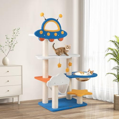 PETSITE 49-inch Cat Tree for Indoor Cats, Space-Themed Multi-Level Cute Cat Tree Tower with Sisal Scratching Posts, UFO Top Perch, Space Capsule, Cloud & Star Platforms, Dangling & Spring Balls
