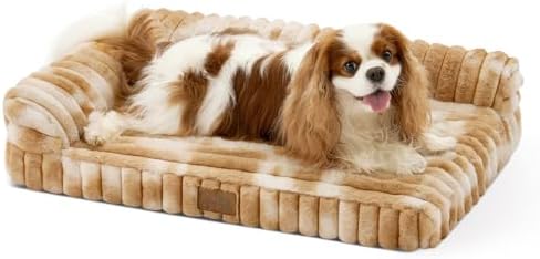 COZY KISS Faux Rabbit Fur Small Dog Bed – 30"x20" Orthopedic Foam Couch with Sides, Removable Washable Cover & Waterproof Lining, Tie-Dye Brown