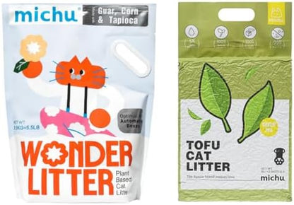 Michu Tofu Cat Litter Natural Clumping Tofu Cat Litter 5.5lb/88oz 5 Scents (Greentea + Wonder Litter, 2 Pack)