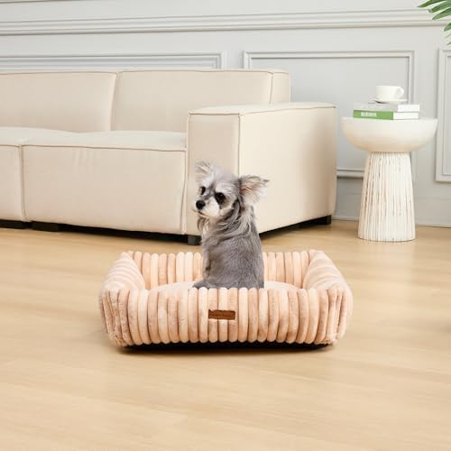 Modern Threads Ribbed Plush Two-Tone Cuddler Dog Bed, Ultra-Soft Faux Rabbit Fur, Supportive Bolstered Sides, Removable Washable Cover, Bed for Medium Dogs, Cream, (28" L x 21" W x 9" Th)