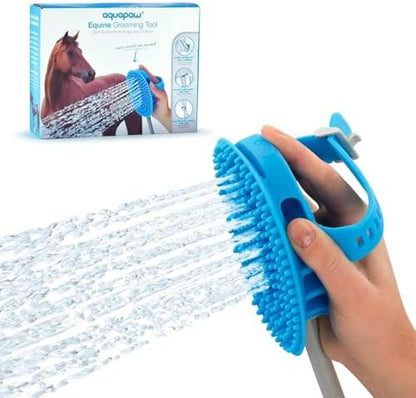 Aquapaw 5-in-1 Horse & Dog Bath Brush & Curry Comb - XL Blue Silicone - Includes 3-ft Shower Hose Attachment & Adapter - Adjustable Spray Scrub Massager - Great for Horses & Big Dogs