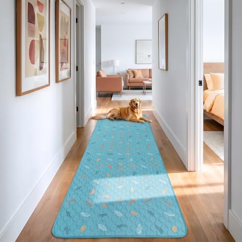 Sunheir Washable Pee Pads for Dogs Large 24" x 72" 2-Pack Reusable Puppy Pads Pet Training Pads, Absorb Dog Mats, Whelping Pad, Non-Slip Protects Against Urine Leakage, Runner Rug (Leaves - Sky Blue)