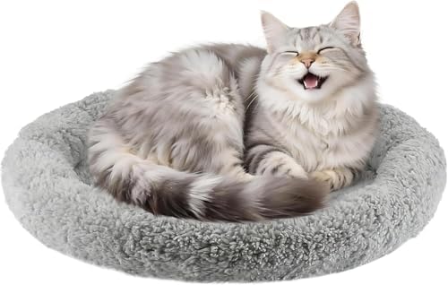 Cat Bed Mat for Indoor Cats, Soft Pet Bed with Surround Pillow, Small Dogs Sleeping Self-Warming Pad, Non-Slip Cushion for Cat Tree/Crate/Window Sill, Washable, Diameter 15.75"
