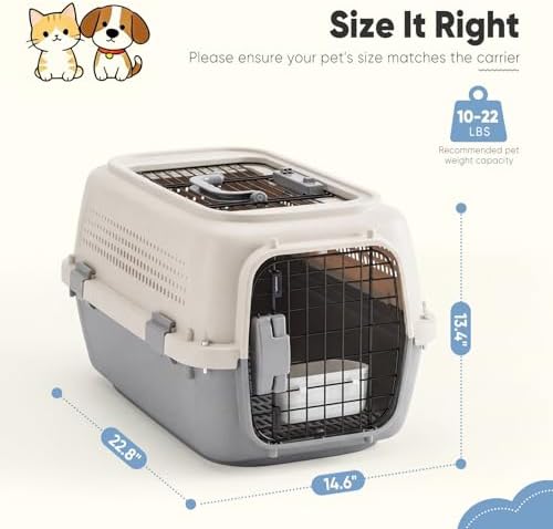 DUMOS 23" Hard-Sided Pet Carrier for Small Pets, 2 Door Cat Carrier, Beige