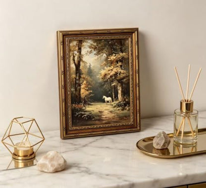 Vintage Gold Framed Horse Wall Art, Magical Forest Landscape Oil Painting Canvas Print, Moody Animal Wall Decor, Fantasy Woodland Picture Poster, Rustic Farmhouse Artwork for Bedroom Living Room