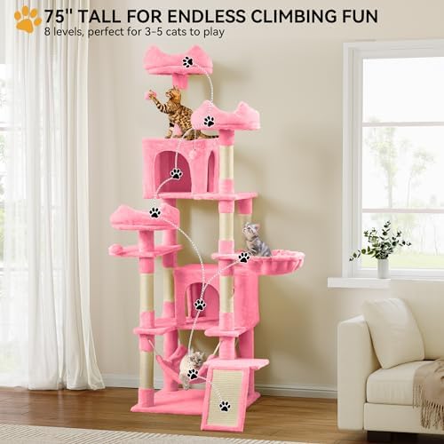 YITAHOME Tall Cat Tree for Indoor Cats, 75 inch Multi-Level Cat Tower with Cat Condos, Top Perches, Sisal Ramp Scratching Posts, Cozy Basket, Hammocks, Large Cat Pet Activity Structure,Pink