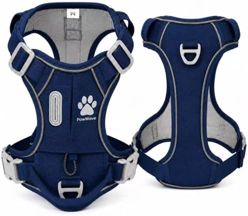 PawWave No Pull Dog Harness with Hidden AirTag Holder, Reflective Adjustable Vest Harness, Easy On-Off Design, Soft Breathable Mesh for Small Medium Large Dogs (Navy Blue, L)