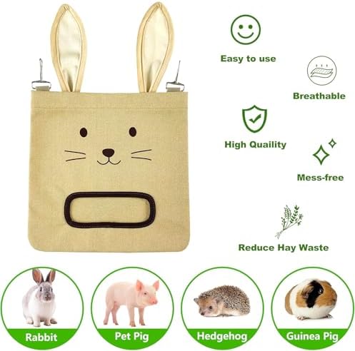 Rabbit Hay Feeder Bag - Hanging Rabbit Hay Feeder for Rabbits, Guinea Pigs and Chinchillas, Moss and Alfalfa Hay (Khaki)