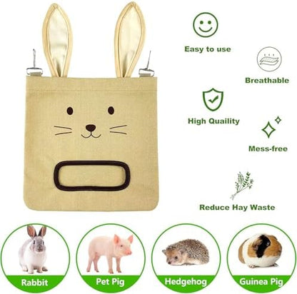 Rabbit Hay Feeder Bag - Hanging Rabbit Hay Feeder for Rabbits, Guinea Pigs and Chinchillas, Moss and Alfalfa Hay (Khaki)