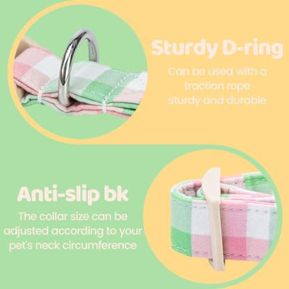 Pink Green Gingham Plaid Dog Collar with Bow for Large Dogs