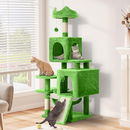 YITAHOME 54in Cat Tree Tower Condo, Multi-Level with Sisal Scratching Post, Cat Condos, Plush Top Perches, Hammock, Space Saving Cat Condo, Dangling Ball, Pet Play House,Pet Gift, Green