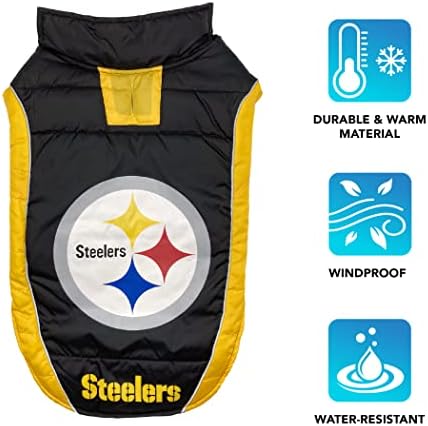 NFL Pittsburgh Steelers Puffer Vest for Dogs & Cats, Size Medium. Warm, Cozy, and Waterproof Dog Coat, for Small and Large Dogs/Cats. Best NFL Licensed PET Warming Sports Jacket