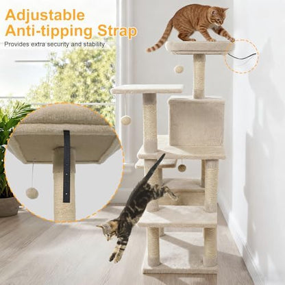 DORTALA Cat Tree for Indoor Cats, 58" Tall Cat Tower with Top Perch, Condo, Hammock, Sisal Scratching Posts, 3 Dangling Balls, Platforms, Multi-Level Pet Climbing Furniture Playground (Beige)