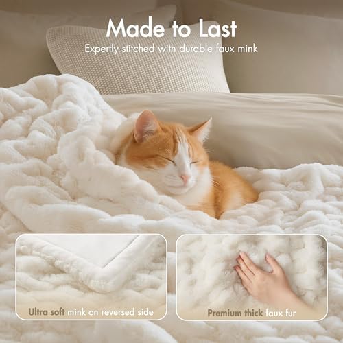 Madison Park Ruched Fur Luxury Throw Premium Soft Cozy Brushed Long Faux Fur For Bed, Couch or Sofa , 50x60" , Ivory