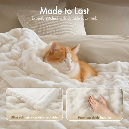 Madison Park Ruched Fur Luxury Throw Premium Soft Cozy Brushed Long Faux Fur For Bed, Couch or Sofa , 50x60" , Ivory