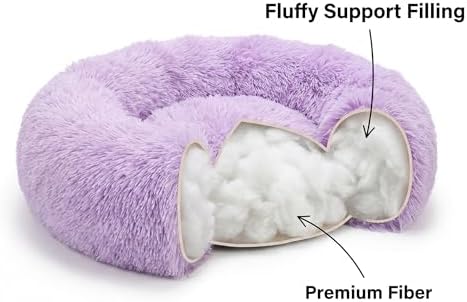 Tiny Dog Bed 15 Inch for Extra Small Dogs,Washable Puppy Bed,Soft Faux Fur Calming Donut Bed for Chihuahua Yorkie Maltese Pomeranian,Purple and White