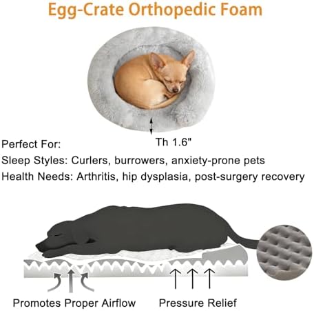 Calming Dog & Cat Beds with Orthopedic Egg-Crate Foam Raised Rim, Soft Fluffy Faux Fur Pet Bed for Small Medium Dogs, Anxiety Relief Spine Support, Machine Washable (Round, Pale Grey 28")