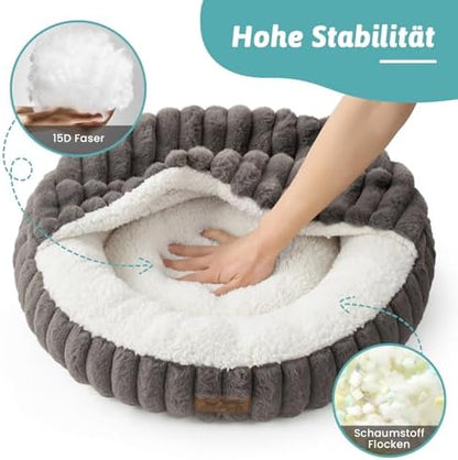 Cat Bed with Hooded Blanket, Round Fluffy Anti-Anxiety Pet Bed for Cats/Small Dogs, Cozy Donut Cuddler with Machine Washable Faux Fur & Anti-Slip Bottom(23"×23"×6",Grey)