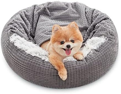 MIXJOY Small Dog Bed Cat Bed with Blanket Attached, Round Hooded Cozy Dog Cave Beds for Small Dogs, Soft Plush Cuddler Puppy Pet Bed, Anti-Slip Bottom, 23inch
