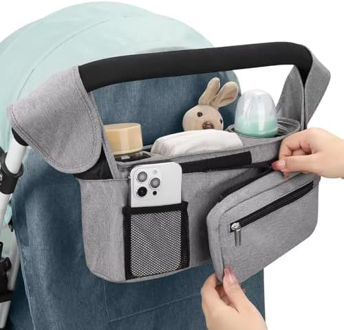 Universal Stroller Organizer with Insulated Cup Holder Detachable Phone Bag and Carry Strap Fits Uppababy, Baby Jogger, Britax, BOB, Umbrella and Pet Stroller and more (Light gray)