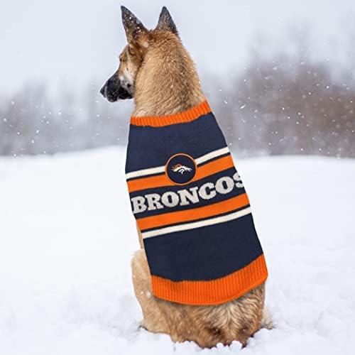 NFL Denver Broncos Dog Sweater, Size Small. Warm and Cozy Knit Pet Sweater with NFL Team Logo, Best Puppy Sweater for Large and Small Dogs