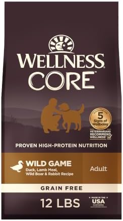 Wellness CORE Dry Dog Food, Grain-Free, High Protein, Natural, Wild Game Duck, Lamb, Wild Boar, & Rabbit Recipe, (12-Pound Bag)