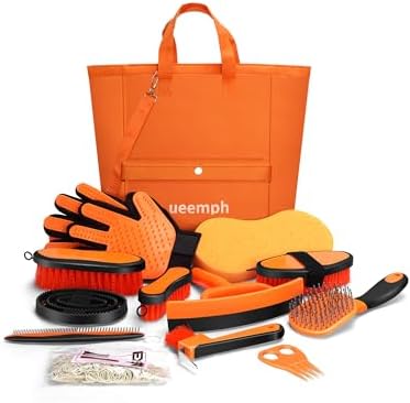 Horse Grooming Kit（13-Piece），Orange Horse Brushes,Storage Bag, Sweat Scraper,Mane Comb,Horse Grooming Gloves, Gifts for Girls (Orange)