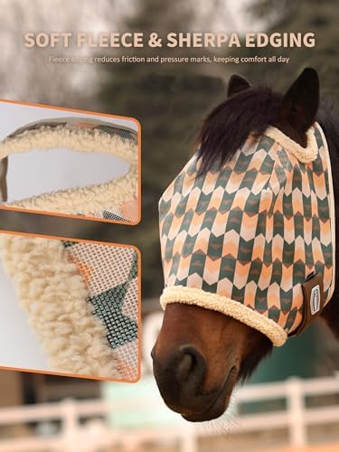 Tackmore Horse Fly Mask Without Ears, Breathable Structured Mesh for Horses, Soft Fleece Edging, UV Protection, Printed Turnout Mask for Pasture-Dark Green Waves L