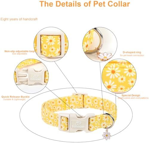 Yellow Daisy Dog Collar Cute Summer Dog Collars for Large Dogs - Lightweight Adjustable Girly Floral Female Dogs Everyday Collar with Safety Buckle L