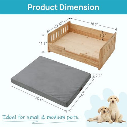 Elevated Dog Bed for Small to Medium Dogs – 32” x 21” Indoor Wooden Pet Sofa with Soft Cushion, Mid-Century Modern Style, Sturdy & Stylish (Natural)