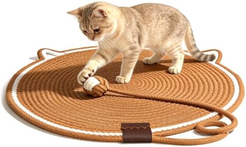 Round Cat Bed & Scratcher Mat Set, Instinct Handwoven Natural Cotton Rope Cat Basket with Soft Cushion, All-Season Indoor Pet Furniture Fit Cats Under 22 Lbs
