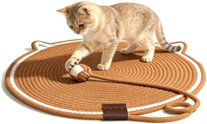 Round Cat Bed & Scratcher Mat Set, Instinct Handwoven Natural Cotton Rope Cat Basket with Soft Cushion, All-Season Indoor Pet Furniture Fit Cats Under 22 Lbs
