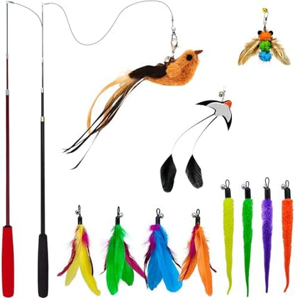 miwoowim Interactive Cat Wand Toy Set, 2 Telescopic Rods & 11 Attachments